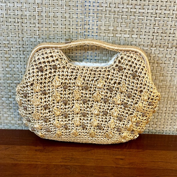 🌟HP🌟VTG 1960s-70s Tan Raffia Straw & Beaded Top Handle Clutch Handbag Japan - Picture 9 of 12